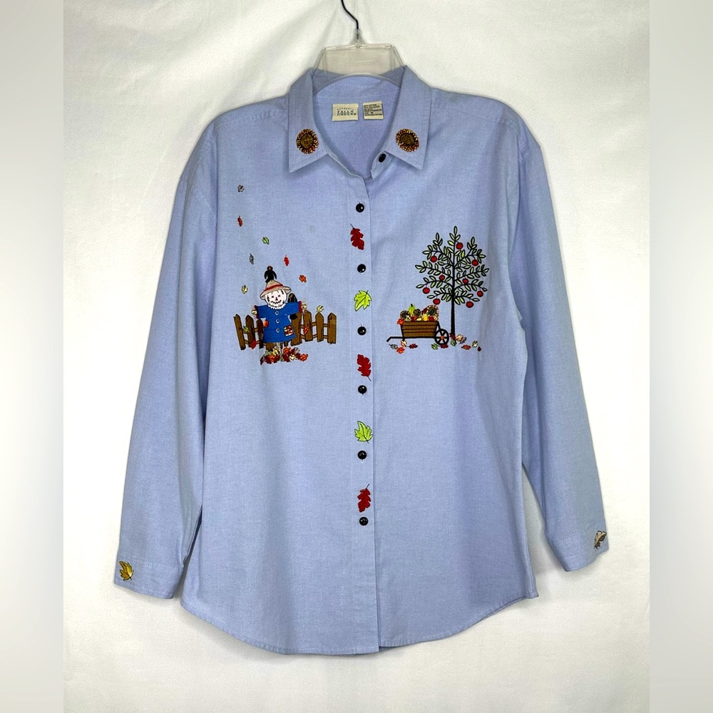 Falls Creek VTG Embroidered Jean Shirt Light Blue Chambray Fall Scarecrow Sz M